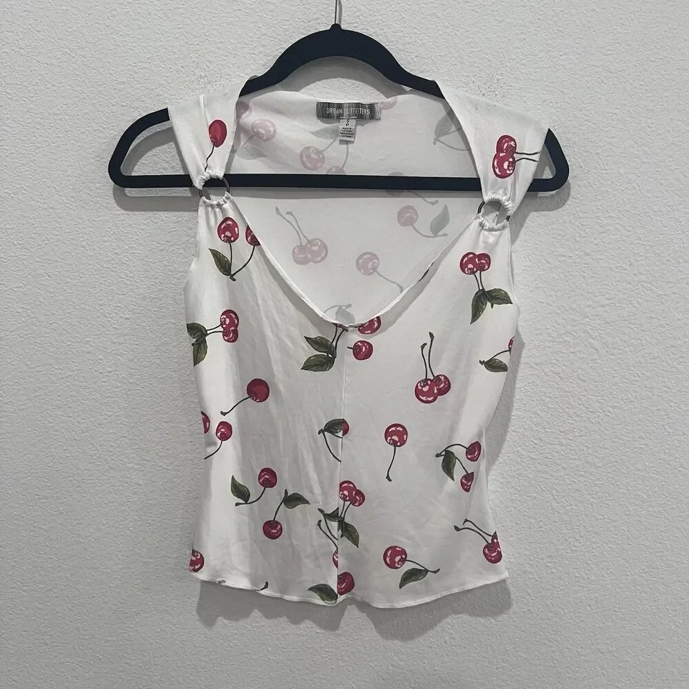 urban outfitters Women’s White Tank Top Cherry Print Shoulder Detail Small Y2K - Picture 2 of 8